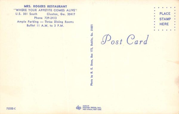 Claxton Georgia Mrs. Rogers Restaurant Photochrome Vintage Postcard U6136 - Image 2