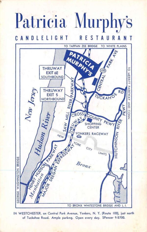Yonkers New York Patricia Murphy's Candlelight Restaurant, Map On Back PC U6157 - Image 2