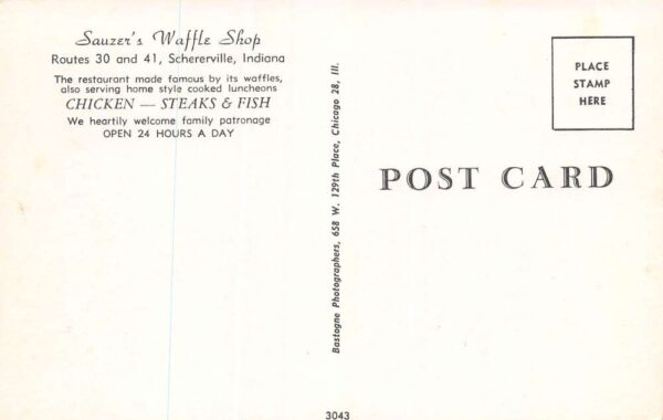 Schererville Indiana Sauzer's Waffle Shop Photochrome Vintage Postcard U6175 - Image 2