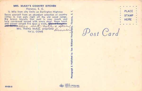 Florence South Carolina Mrs. McKay's Country Kitchen Photochrome Postcard U6182 - Image 2