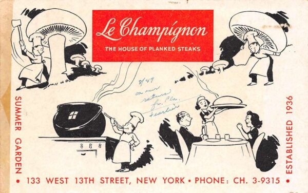 New York New York Le Champignon Restaurant B/W Illustration Vintage PC U6185
