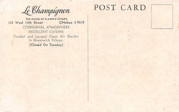 New York New York Le Champignon Restaurant B/W Illustration Vintage PC U6185 - Image 2