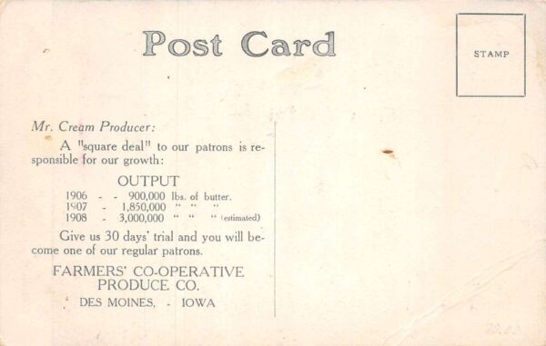 Des Moines Iowa Farmers Co-Op Produce Co., Color Lithograph Vintage PC U6193 - Image 2