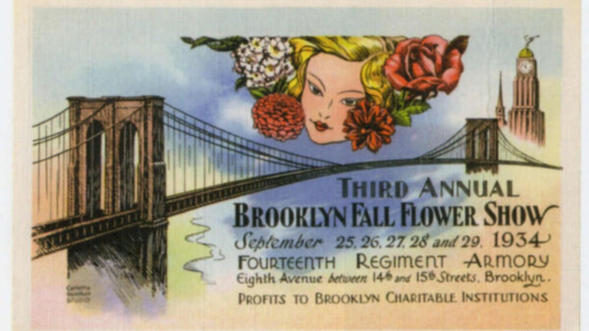 vintage postcard of a woman above a brooklyn bridge illustration