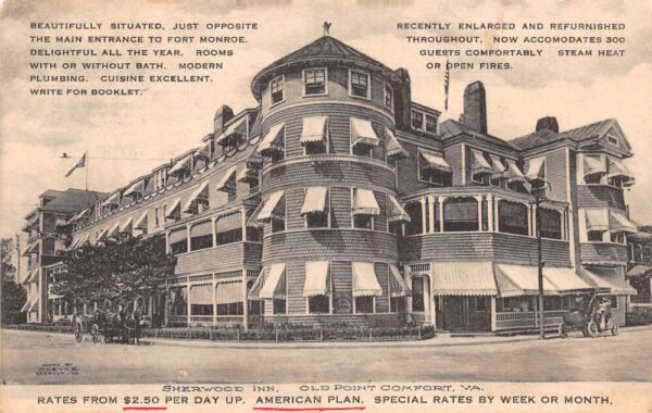 Old Point Comfort Virginia Sherwood Inn, Exterior, B/W Lithograph PC U6215