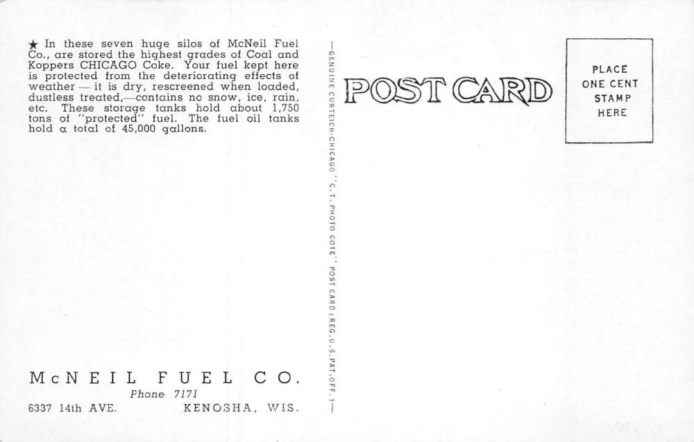 Kenosha Wisconsin McNeil Fuel Co. B/W Photo Vintage Postcard U6216 - Image 2