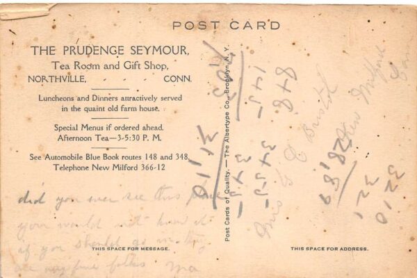 Northville Connecticut Prudence Seymour Tea Room & Gift Shop Lithograph PC U6224 - Image 2
