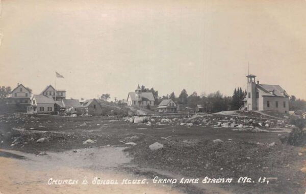 Grand Lake Stream Maine Church and School House Real Photo Postcard AA69133