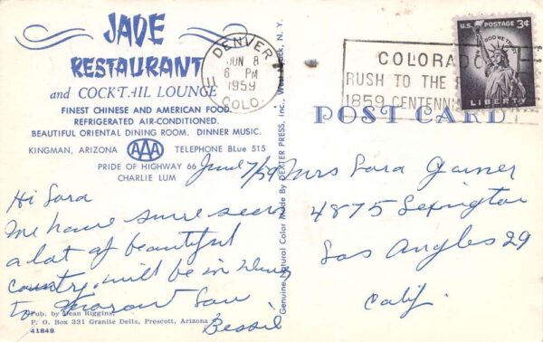 Kingman Arizona Jade Restaurant Photochrome Vintage Postcard U6287 - Image 2