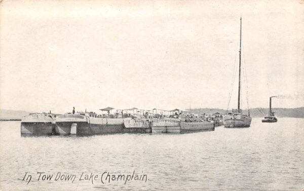 Plattsburg New York Boats In Tow, Lake Champlain, B/W Lithograph Postcard U6358