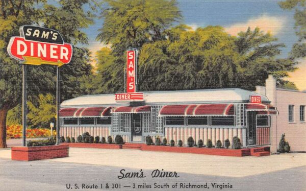 Richmond Virginia Sam's Diner, Exterior, Color Linen Vintage Postcard U6377