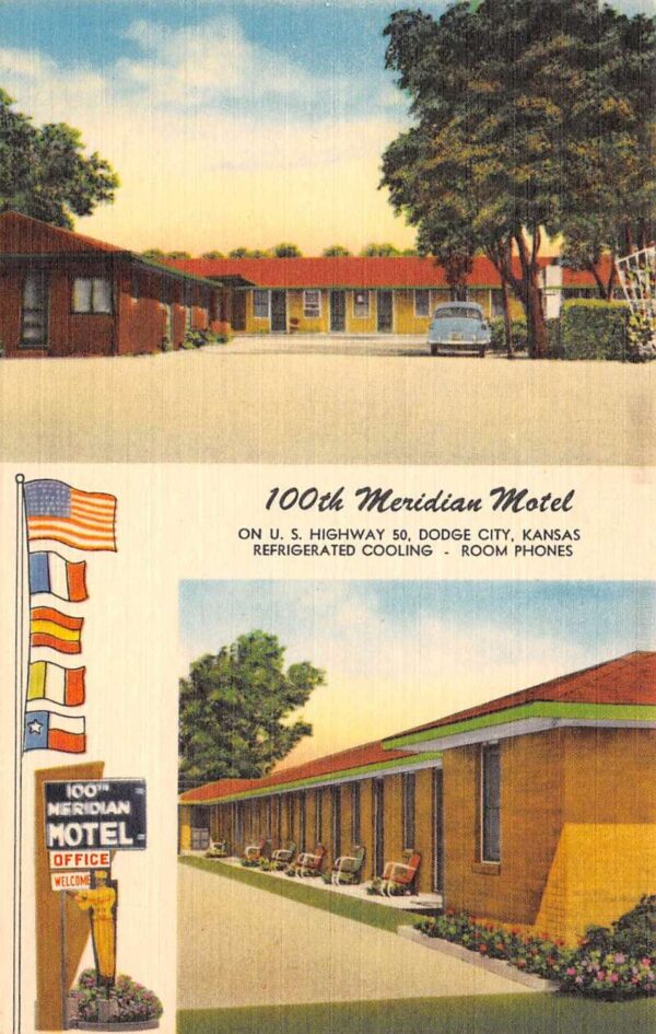 Dodge City Kansas 100th Meridian Motel Multi-View Linen Vintage Postcard U6385