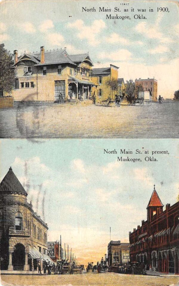 Muskogee Oklahoma Past & Present Views, N. Main St., Color Lithograph PC U6397