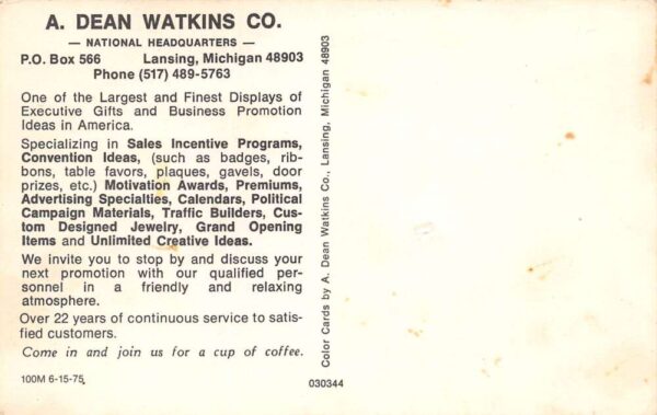 Lansing Michigan A. Dean Watkins Gifts & Business Promotions Postcard U6435 - Image 2