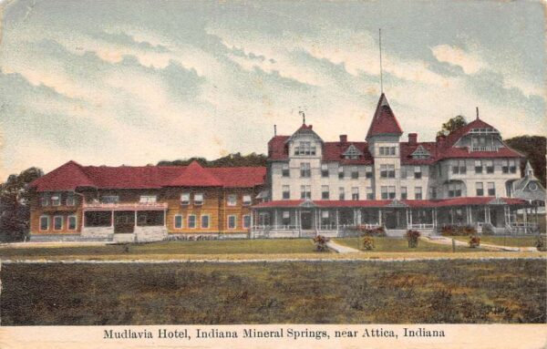 Attica Indiana Mudlavia Hotel, Indiana Mineral Springs Vintage Postcard U6438