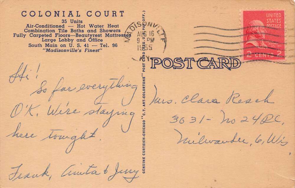 Madisonville Kentucky Colonial Court Motel Multi-View Linen Vintage PC U6441 - Image 2