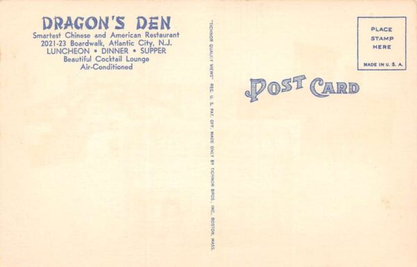 Atlantic City New Jersey Dragon's Den Restaurant/Bar Multi-View Linen PC U6443 - Image 2