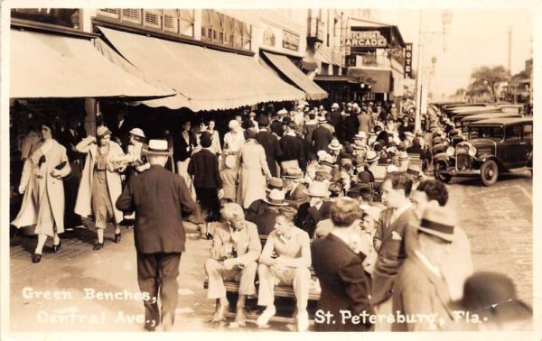 St Petersburg Florida Green Benches on Central Ave Real Photo Postcard AA69217