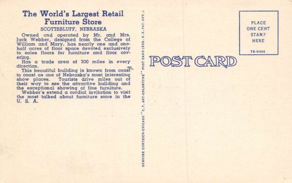 Scottsbluff Nebraska Webber's Furniture Store, Color Linen Vintage PC U6471 - Image 2