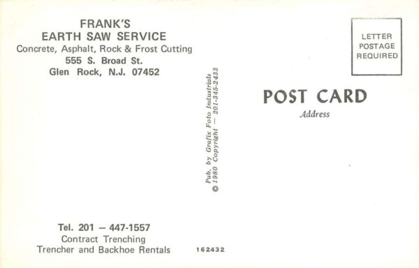 Glen Rock New Jersey Frank's Earth Saw Service, Photochrome Vintage PC U6479 - Image 2