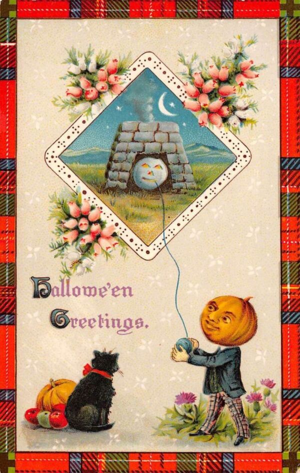 Hallowe'en Greetings Jack-O-Lanterns W/ Black Cat & Crescent Moon,Plaid Border PC U6510
