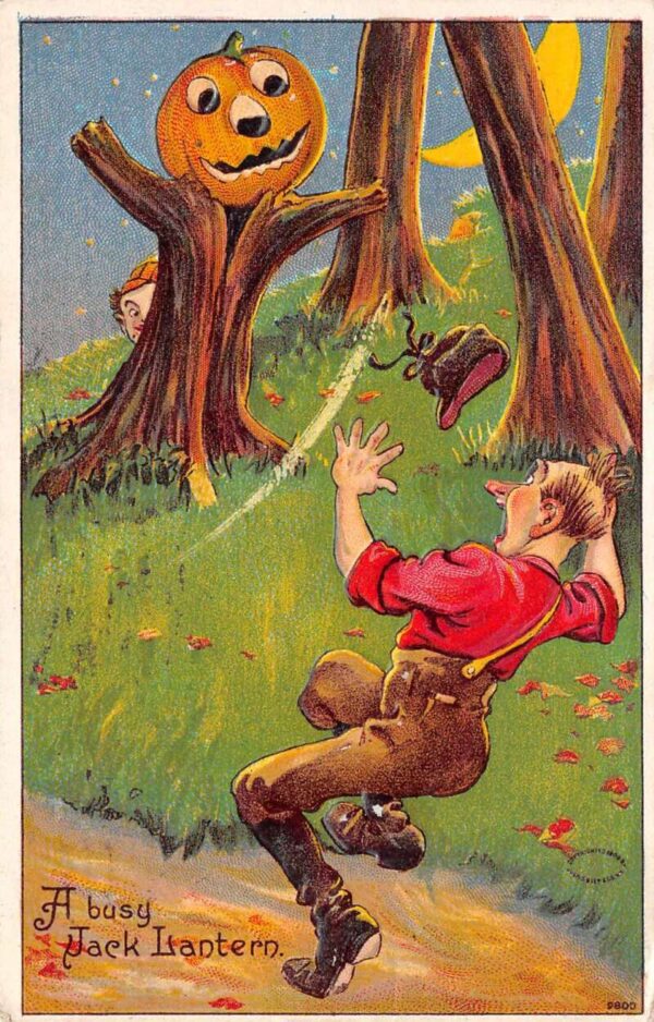 A Busy Jack-o-Lantern Scares In The Woods, Embossed Vintage Postcard U6511