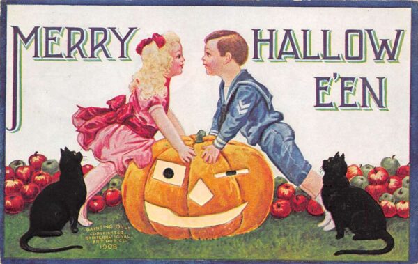 Merry Hallowe'en Kids W/ Jack-O-Lantern & Black Cats & Apples PC U6513