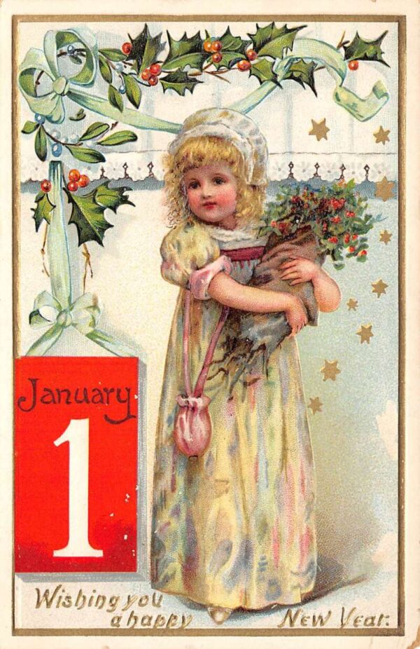 New Year's Greetings Girl W/ Flowers & Holly Border, Tuck Published PC U6538