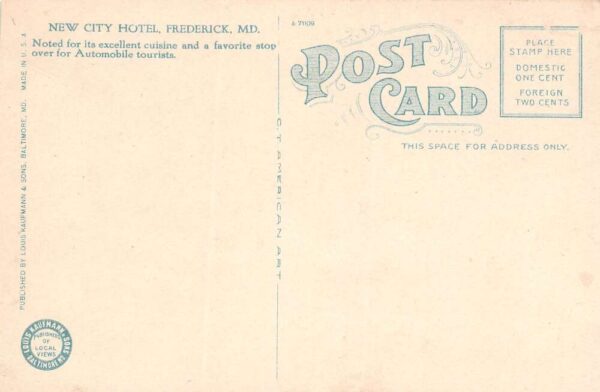 Frederick Maryland New City Hotel, White Border Vintage Postcard U6541 - Image 2