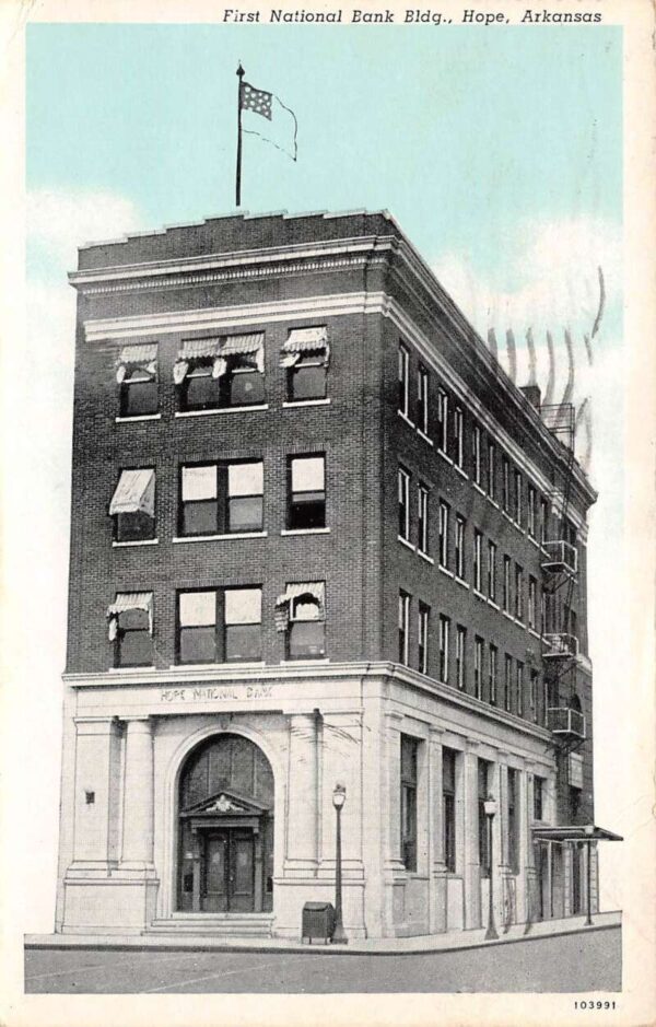 Hope Arkansas 1st National Bank Bldg., Sky Tinted Lithograph Vintage PC U6545