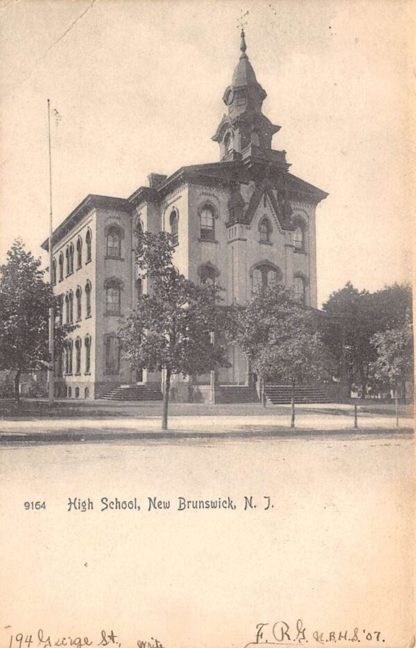 New Brunswick New Jersey High School Building, B/W Lithograph Vintage PC U6564