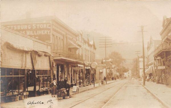 Apollo Pennsylvania Street Scene, Hardware Store Real Photo Postcard U6646