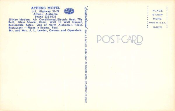 Athens Alabama Athens Motel Photochrome Vintage Postcard U6680 - Image 2