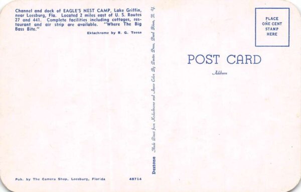Leesburg Florida Eagle's Nest Camp Photochrome Vintage Postcard U6712 - Image 2
