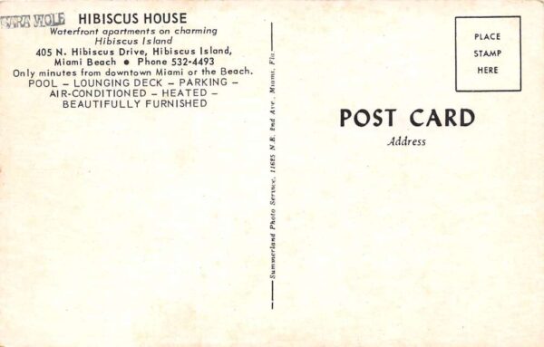 Miami Beach Florida Hibiscus House Waterfront Apartments, Chrome Postcard U6725 - Image 2
