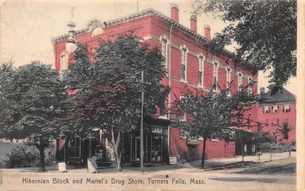 Turners Falls Massachusetts Hibernian Block, Martel's Drug Store, Color Lithograph PC U6734