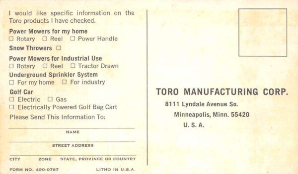 Minneapolis Minnesota Toro Golf Carts Lawn Mowers Adv Postcard AA69232 - Image 2