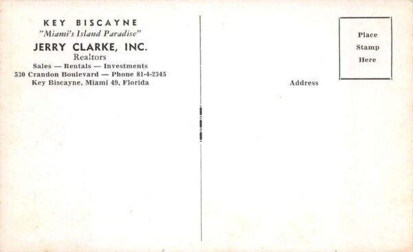 Miami Florida Key Biscayne Jerry Clarke Realtor Adv Postcard AA69238 - Image 2