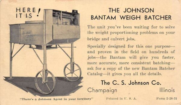 Champaign Illinois CS Johnson Co Bantam Weigh Batcher Farming Postcard AA69242