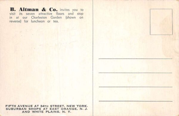 New York City B Altman Dept Store Charleston Garden Vintage Postcard AA69243 - Image 2