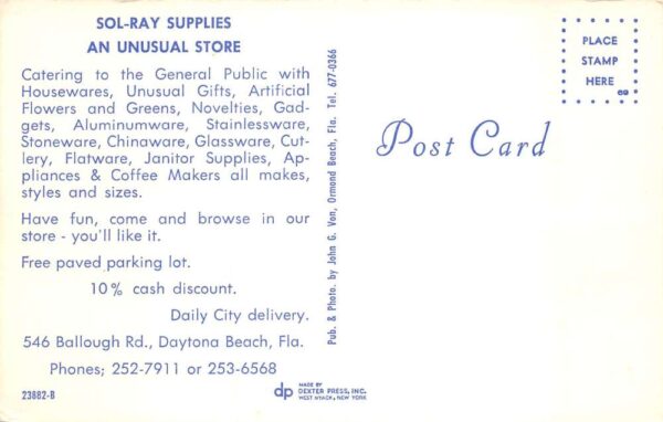 Daytona Beach Florida Sol-Ray Supplies Dept Store Vintage Postcard AA69255 - Image 2
