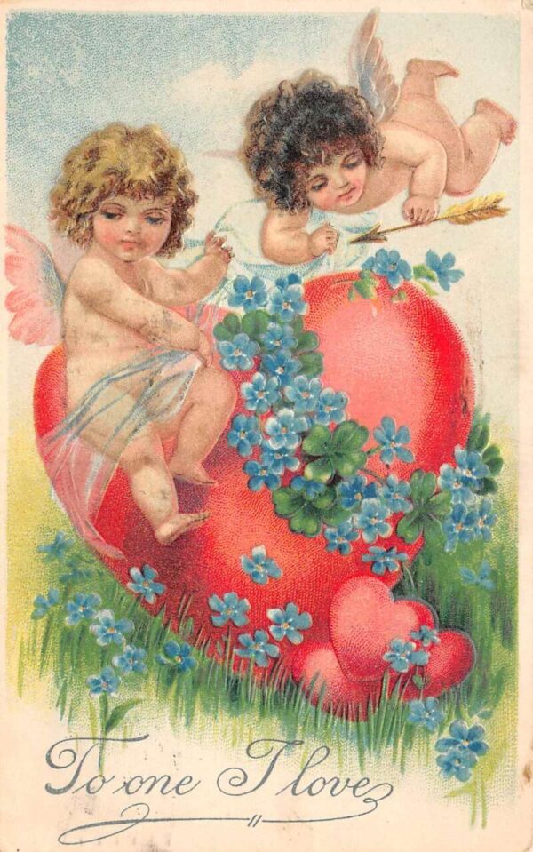 Valentines Greetings Cupid Angels with Heart and Flowers Postcard AA69258