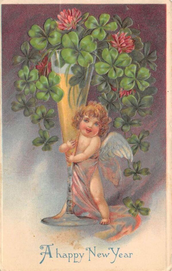 New Year Greetings Angel with Champagne and Clovers Vintage Postcard AA69259