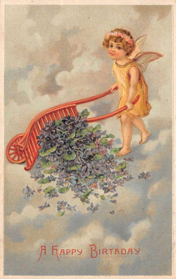 Birthday Greetings Cupid Angel with Flowers in Cart Vintage Postcard AA69260