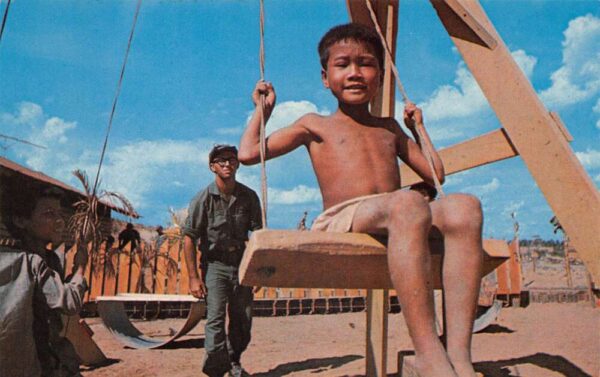 US Military Vietnam War Community Center Boy on Swing Postcard AA69288