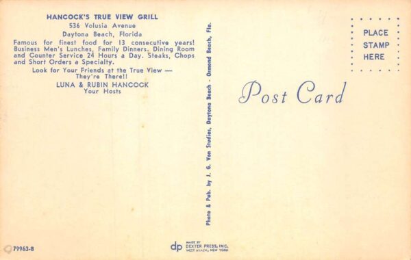Daytona Beach Florida Hancock's True View Grill Chrome Vintage Postcard U6774 - Image 2