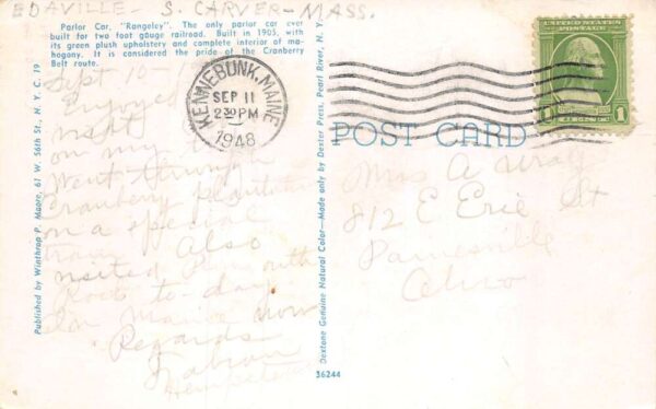 Edaville Massachusetts Parlor Car "Rangley" Train Chrome Vintage Postcard U6784 - Image 2