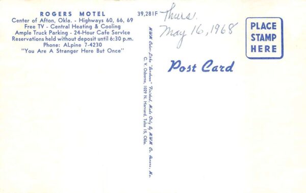 Afton Oklahoma Rogers Motel Vintage Postcard TT0001 - Image 2