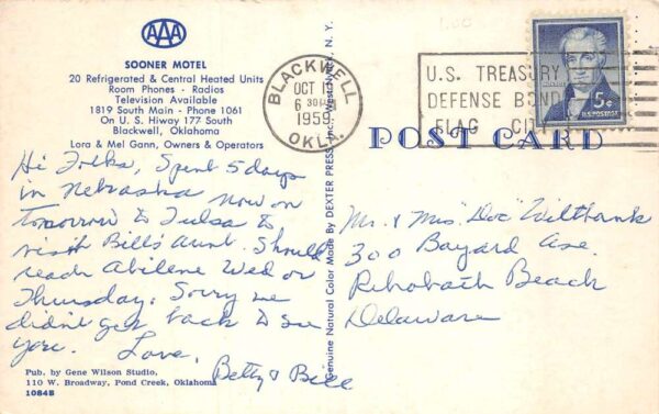Blackwell Oklahoma Sooner Hotel Vintage Postcard TT0003 - Image 2