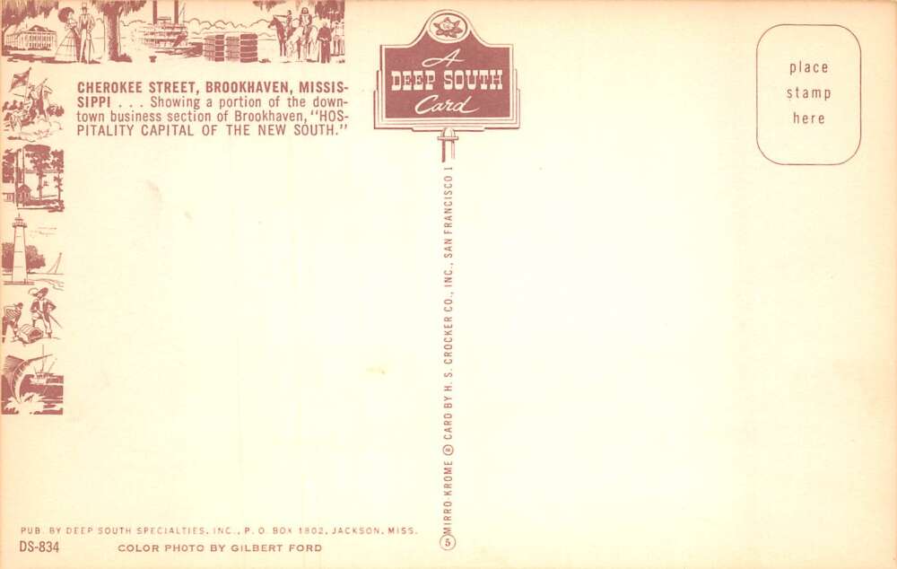 Brookhaven Mississippi Cherokee Street, Street Scene Vintage Postcard TT0010 - Image 2